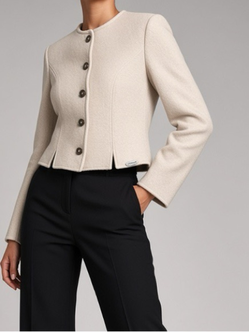VTG 80s Cream Short Crop Wool Wood Button Blazer cottagecore Quiet Luxury 38